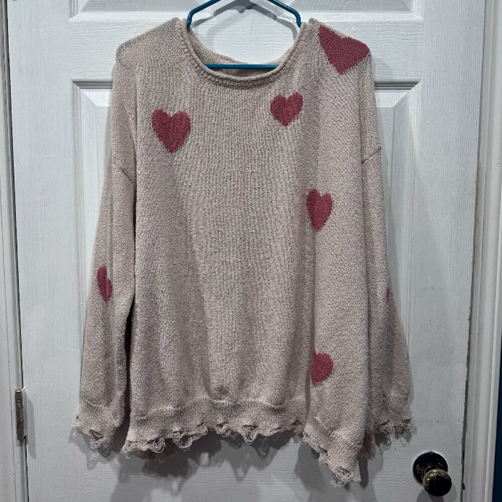 Distressed Knit Sweater with Pink Hearts, Boutique Style